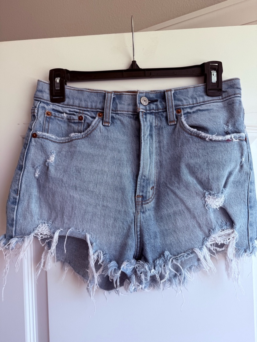 Abercrombie & Fitch Light Blue Distressed High-Waist Denim Shorts